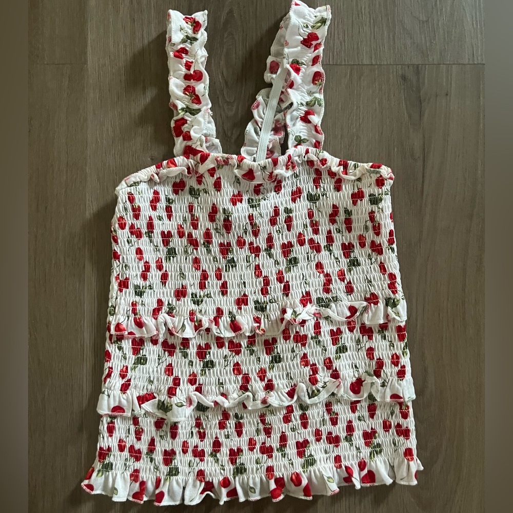Cherry Print Ruffled White Top